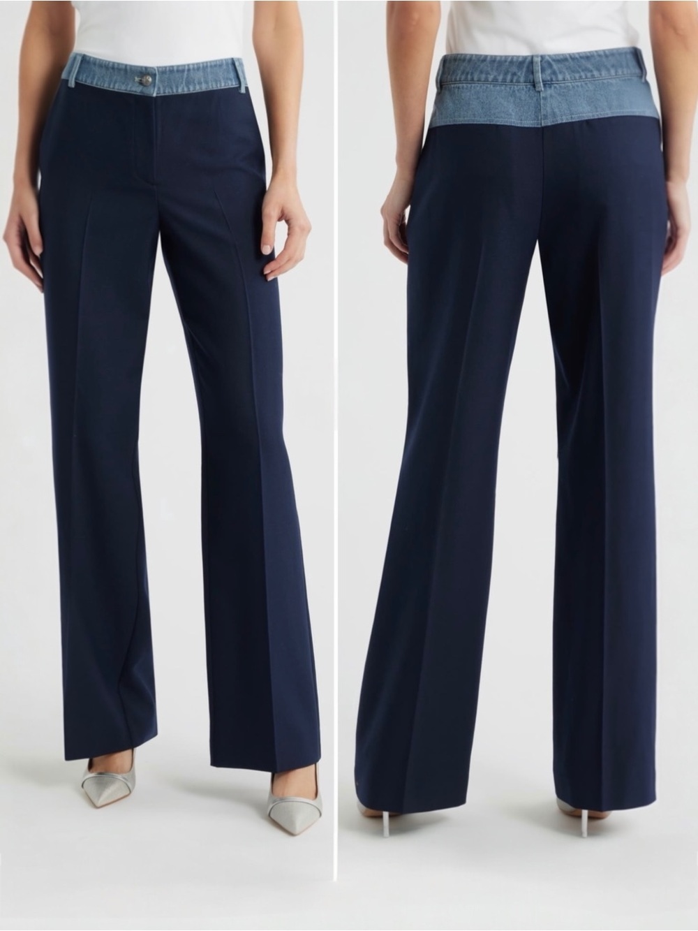 Kobi Halperin Women's Poe Mixed Media Wide Leg Wool Trouser Jean Pant Navy Blue